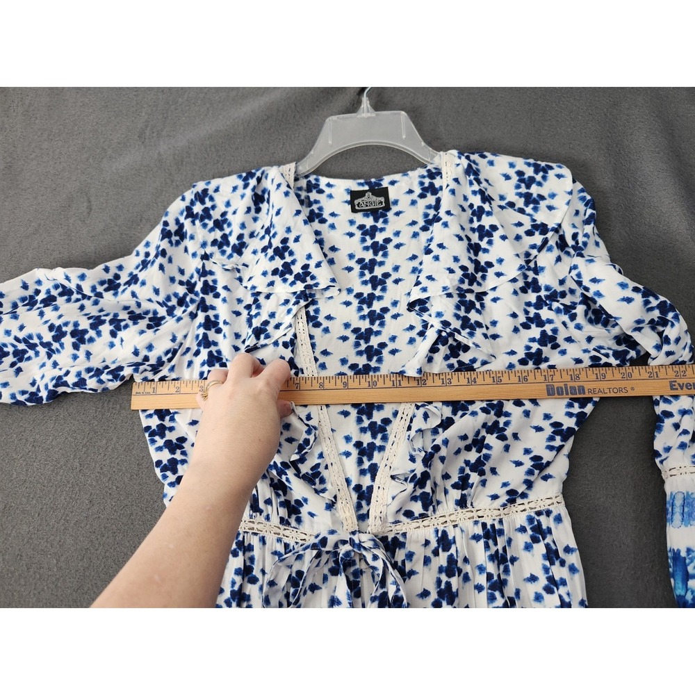NWOT Angie Tie Front Top Womens Sz L White Blue Bohemian Boho Chic Bell Sleeve - Picture 5 of 10